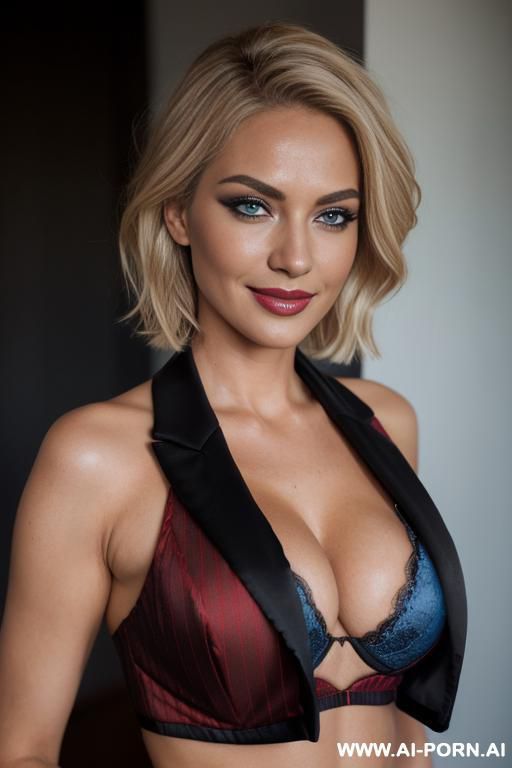tanned skin, smokey eye makeup, long eyelashes, blonde, cinematic, short hair, blue eyes, beautiful pupils, la stylez, red pinstire suit jacket, cleavage, black bra, large breasts, seductive smile, perfect view of cleavage - #main
