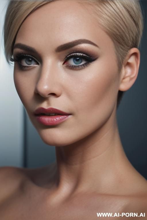 short hair, smokey eye makeup, long eyelashes, blonde, close up, cinematic, short hair, blue eyes, beautiful pupils - #main