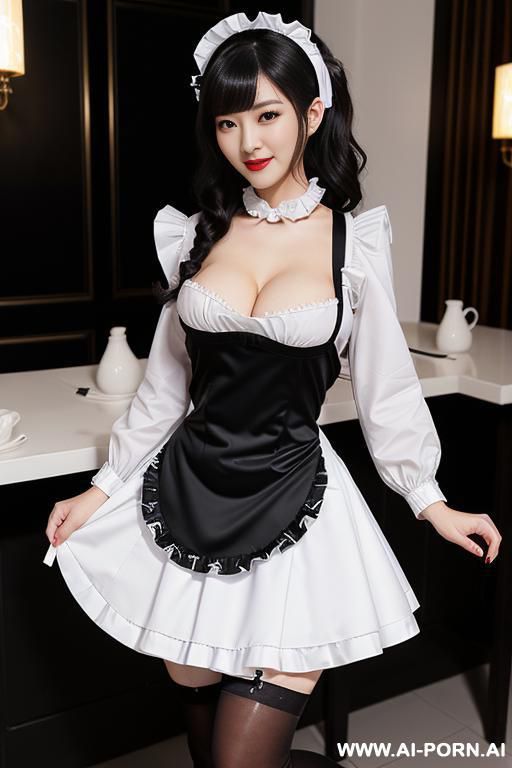 maid dress, white frilled headpiece, white apron with black bow, black long-sleeve dress, detachable white collar , black thigh high stockings (nylon) - #main