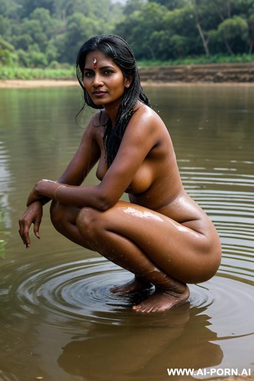 indian woman, colonial farmer, in an indian river in the countryside, naked, heavenly beauty, round face, washing her pussy squatting in front of me, barefoot - #main
