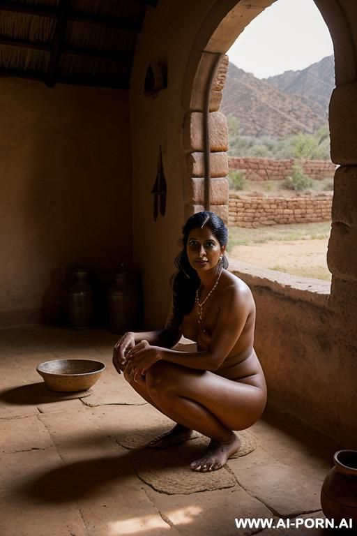indian woman, medieval farmer, in old ranch house, nude, heavenly beauty, round face, squatting, barefoot - #main