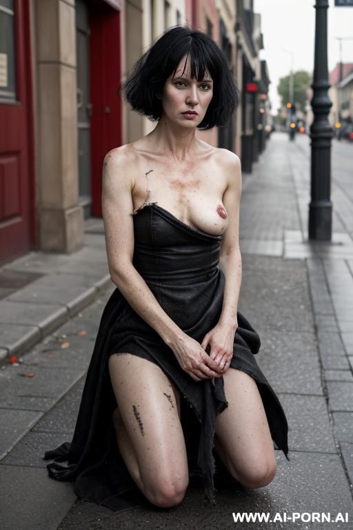 solo, shaved black hair, fair-skinned redhead, dirty rags, on her knees, hands on knees, town center, street - #main