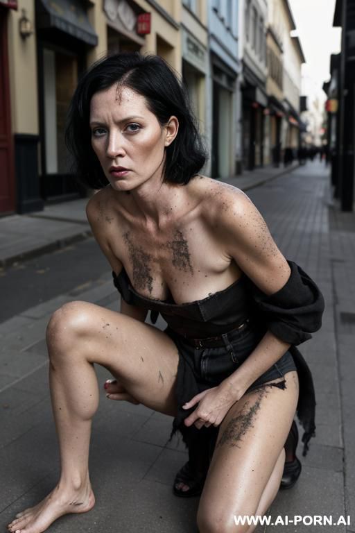 solo, shaved black hair, light redhead skin, dirty rags, on her knees, hands on knees, town center, street - #main