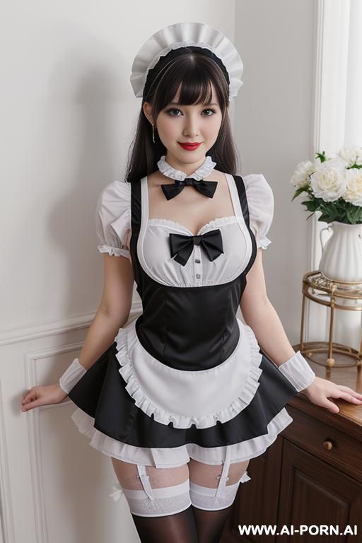 black maid dress, white frilled headpiece, white apron with black bow, detachable white coller , black thigh high stockings (nylon) - #main