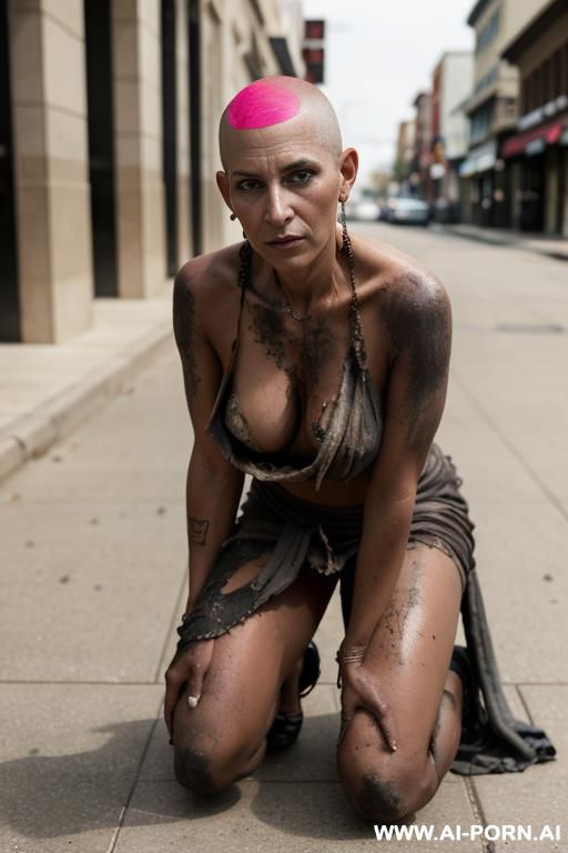solo, shaved hair, dirty skin, dirty rags on, on her knees, hands on knees, town center, street - #main