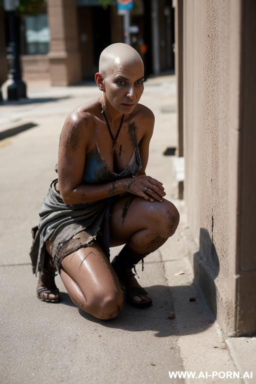 solo, shaved hair, dirty skin, dirty rags, on her knees, hands on knees, town center, street - #main