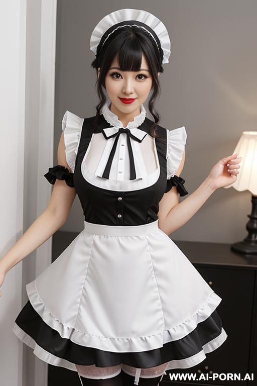 black maid dress, white frilled headpiece, white apron with bleck bow, black long-sleere dress, detachable white coller , black thigh high stockings (nylon) - #main