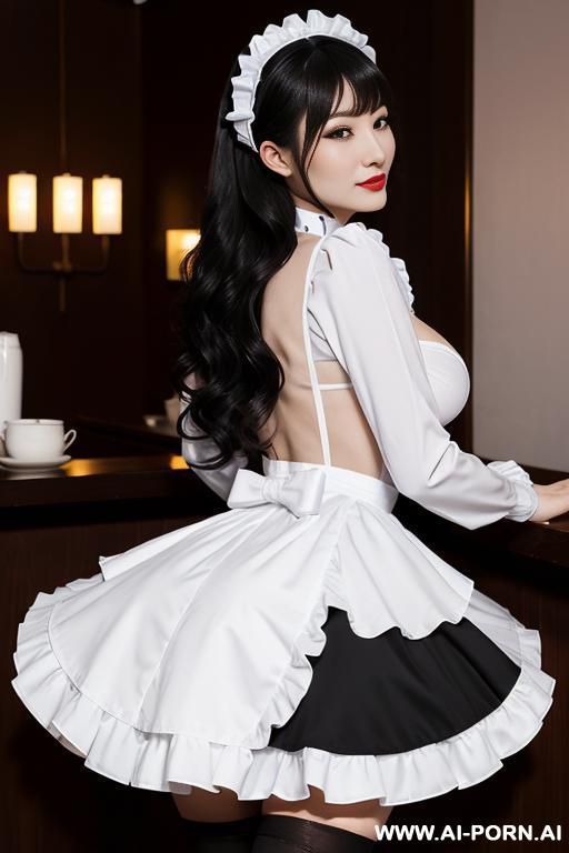 maid uniform, maid cafe, many maid in the view, white frilled headpiece, white apron with black bow, black long-sleeve dress, detachable white collar , black thigh high stockings (nylon) - #main