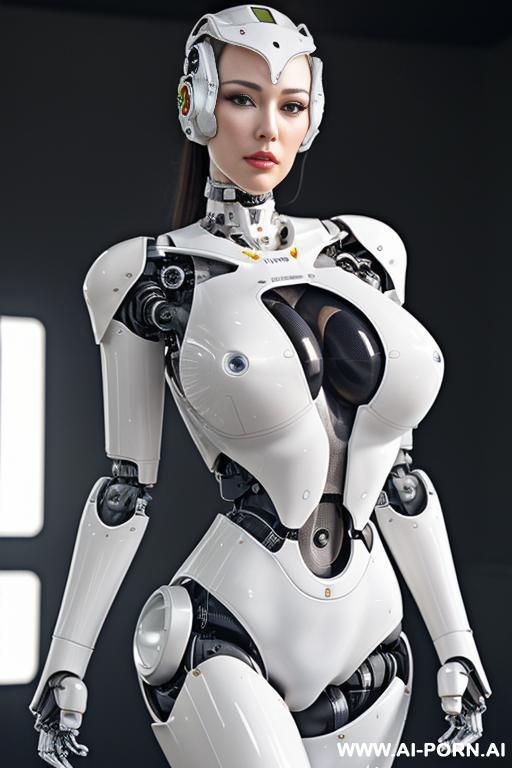 ((realistic very beautiful four k quality to very detailed robotic body, beautiful cyborg robot male)),(( artificial big boobs total covered only latex skin white)) natural face, completely made of latex white skin with long legs with boots hooves. - #main