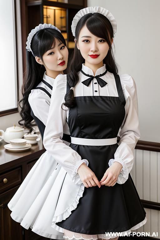 maid uniform, maid cafe, many maid in background, white frilled headpiece, white apron with black bow, black long-sleeve dress, detachable white collar , black thigh high stockings (nylon) - #main