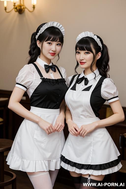 maid uniform, maid cafe, many maid in pictures, white frilled headpiece, white apron with black bow, black short-sleeve dress, detachable white collar , black thigh high stockings (nylon) - #main