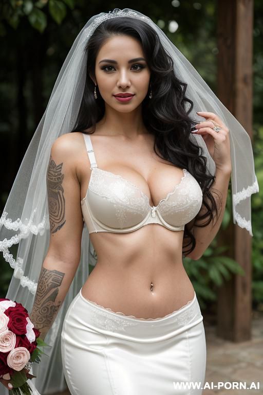 latina, big (((fake))) tits, medium wavy hair, microskirt, bra, veil, bride, outdoor venue, tattoos - #main