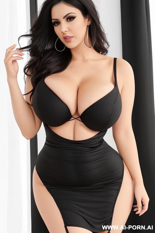 low hanging teardrop breasts, wide hips, narrow waist, black bodycon dress - #main