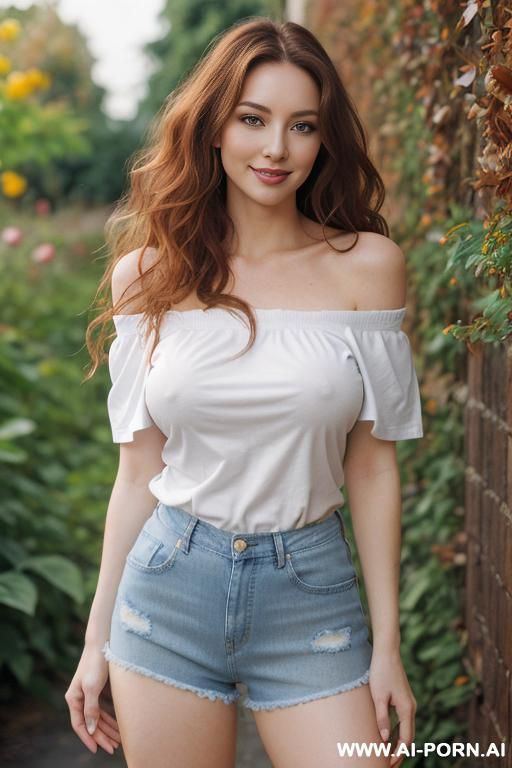 beautiful, caucasian, 30, flowing wavy hair, chestnut hair, white skin, natural boobs, slight smile, standing, spreading legs, off shoulder t-shirt, denim shorts, knee high socks, blurred background, walled garden background. - #main