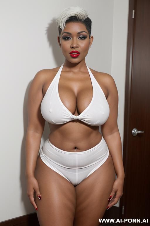 a busty ebony milf naked, full naked, show tits, show hairy pussy, wi clothes, short pixie hairstyle with shaved sides (( white hair )) - #main