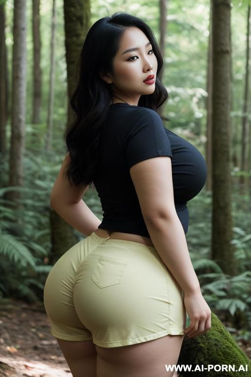 asian woman, 2, large breasts, hourglass figure, wide hips, voluptuous buttocks, beautiful face, wearing shorts and a t-shirt, in the forest, curvy, , plump, ,, sentation, chubby - #main