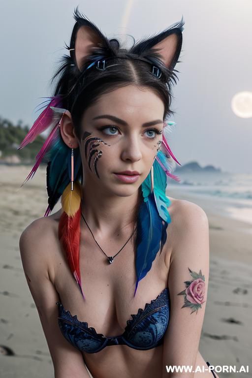 face, ((sexy)), beautiful, ((face painting)), ((bikini as seashell)), ((tattoo roses)), ((moon)), ((night)), ((eyes shw)), ((angel wings)), ((darkness)), ((dark)), ((rainbow hair)), ((one rose in hair) - #main