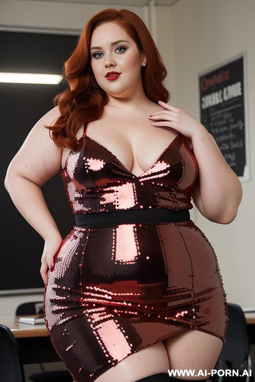 half body photo shot close up, about at classroom. a ((british obese)) fat bbw redhead, thick with love handless and medium tummy. she is wearing a presumptuous and sensual red ((sequins)) - #main