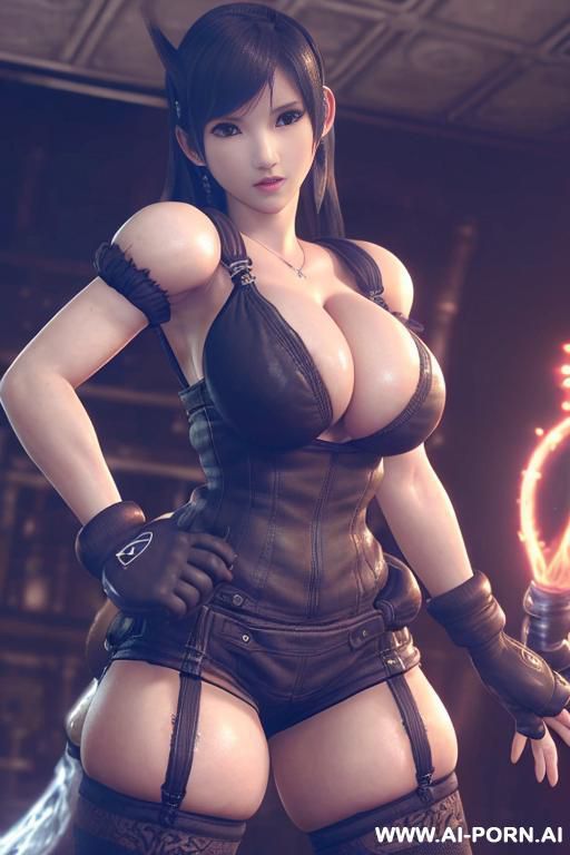 (((final fantassy tifa))), ((massive saggy boobs)), dark storage hall, sexy pose, teasing, (micro-sized shorts), ((giant cleavage)), (stockings), light in the background - #main