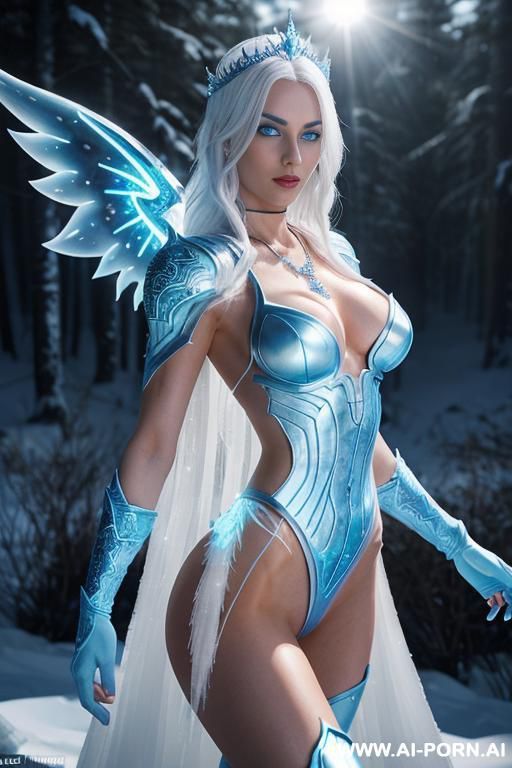 frost sorceress, looking at viewer, (eye contact), finely detail, ultra detailed face, highly detailed skin, (((blued ice colored white skin))), cold serious woman, ultra realistic athletic body, - #main