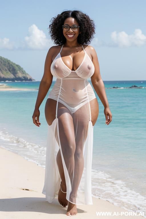 black woman, fair skin, curly hair, glasses, very large breasts, smiling, naked, showing nipples, walking, wearing white see-through dress, in beach, - #main