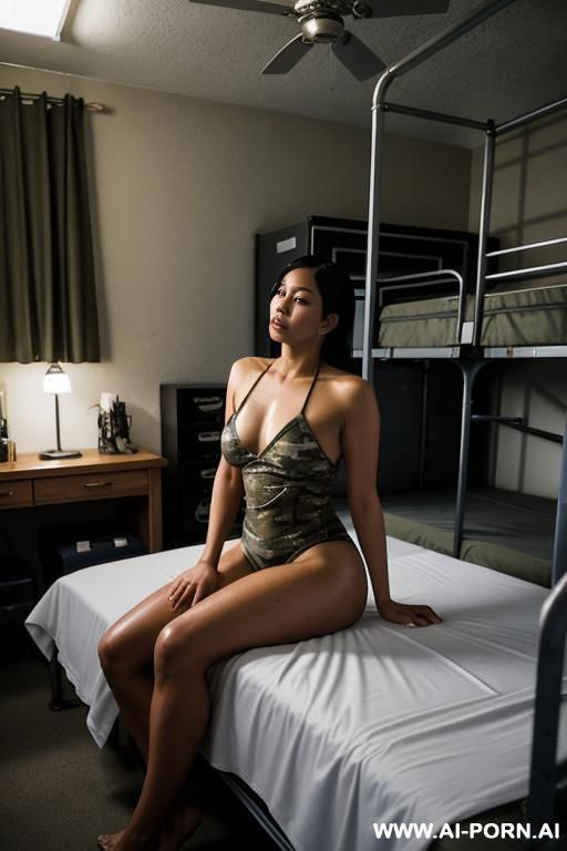 make a beautifull indonesian woman with big boobs and sweat all of her naked body lying down at side bedroom. - #main