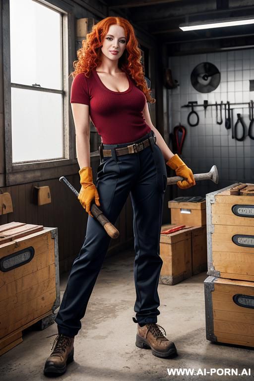 1woman, redhead, long curly hair, she is wearing working clothes, she is wearing work gloves, she is wearing work shoes, she is wearing tool belt. her right arm is up, holding a hammer. her left arm is down holding a toolbox - #main