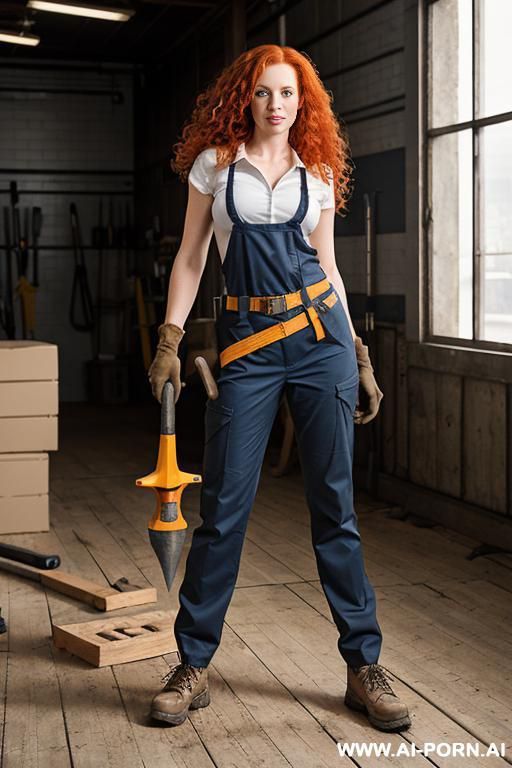 1woman, redhead, long curly hair, she is wearing working clothes, she is wearing work gloves, she is wearing work shoes, she is wearing tool belt.her right arm is ober her head, holding a hammer. her left arm is down holding a saw. - #main