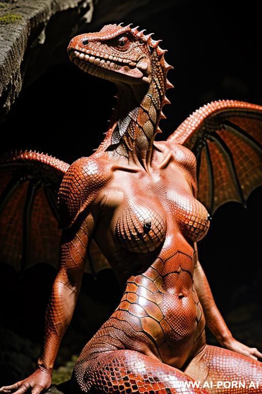 close up, armored half mythical red reptile, mythical reptile wings, underground lava cave - #main