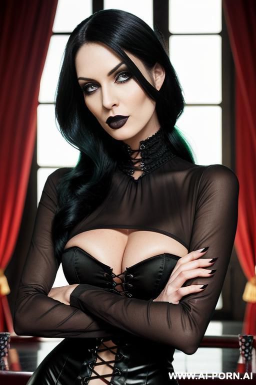 tall woman, hourglass figure, long wavy black hair, bright green eyes, - #main
