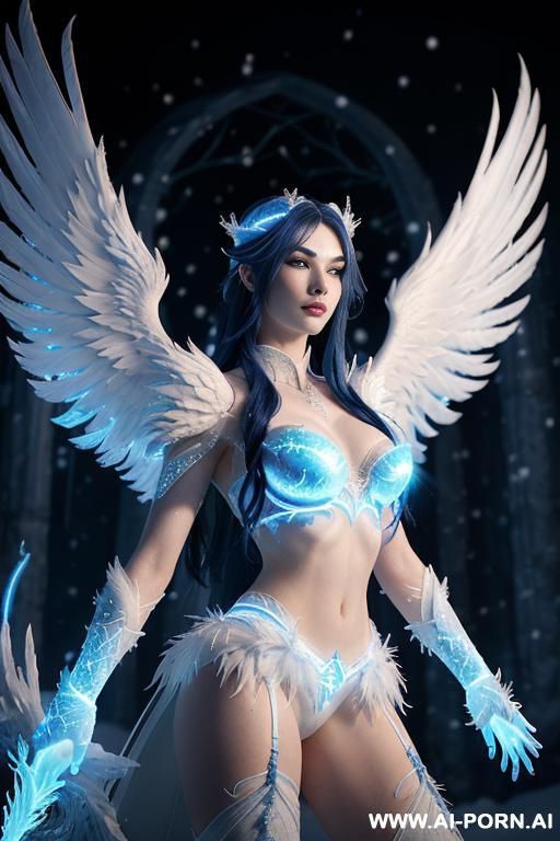 frost phoenix, ((front view)), finely detail, ultra detailed face, highly detailed skin, highly detailed hands, looking at viewer, (eye contact), cold glowing dark blue eyes, proud arrogant face, - #main