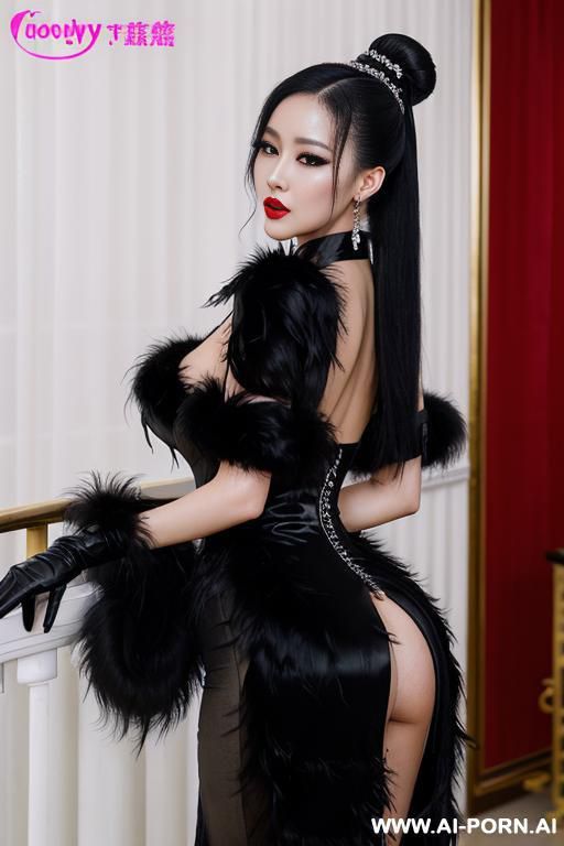 2 chinese woman, black evening dress, white feather boa hair ornament, standing kissing female orgasm choker fingering pussy , long gloves, black updo, grabbing from behind, big breasts - #main