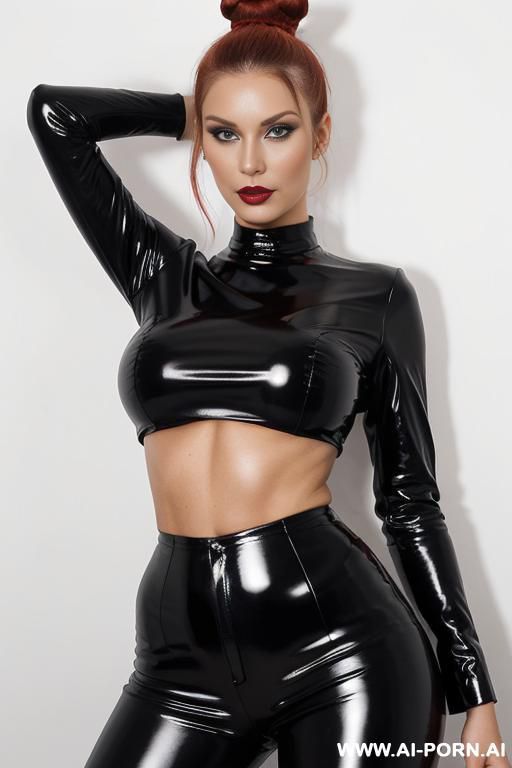 black latex blouse, red leather pants, white background, direct eye contact with viewer. - #main