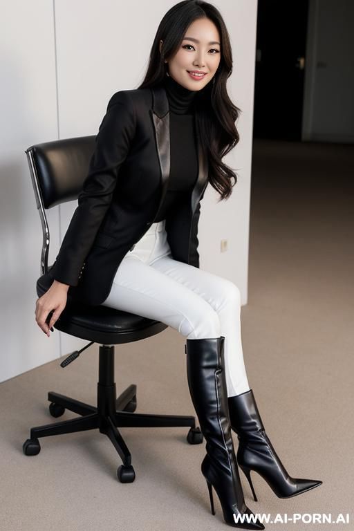 , elegant and sexy asian actress, white turtleneck covered by the black blazer, black bootcut long flared slacks, smile, eye contact looking at viewer, sitting on the chair, perfectly and - #main