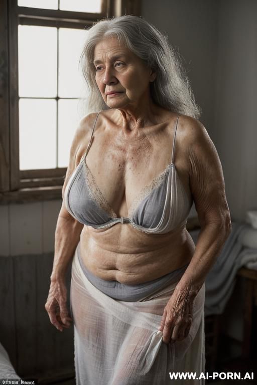 it is nighttime. a very old ukrainian village woman is quietly getting ready for bed. granny is standing in dim, yellow light. her body is aged, soft, and naturally heavy — ((full-bodied and - #main