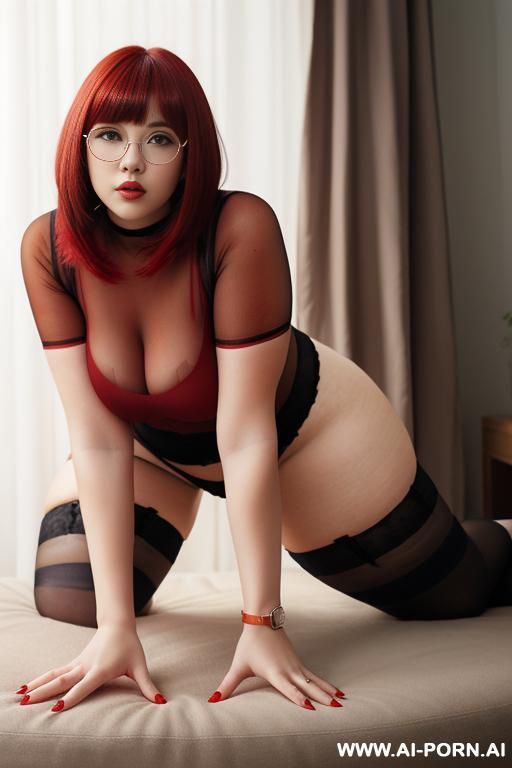 big chested chubby woman round glasses dyed red hair. wearing thigh highs short skirt very tight shirt - #main