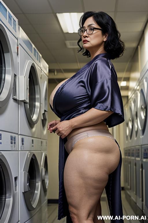 asian lady ugly, wrinkles, old.wearing silk kimono showing cleavage. putting panties into laundromat. - #main