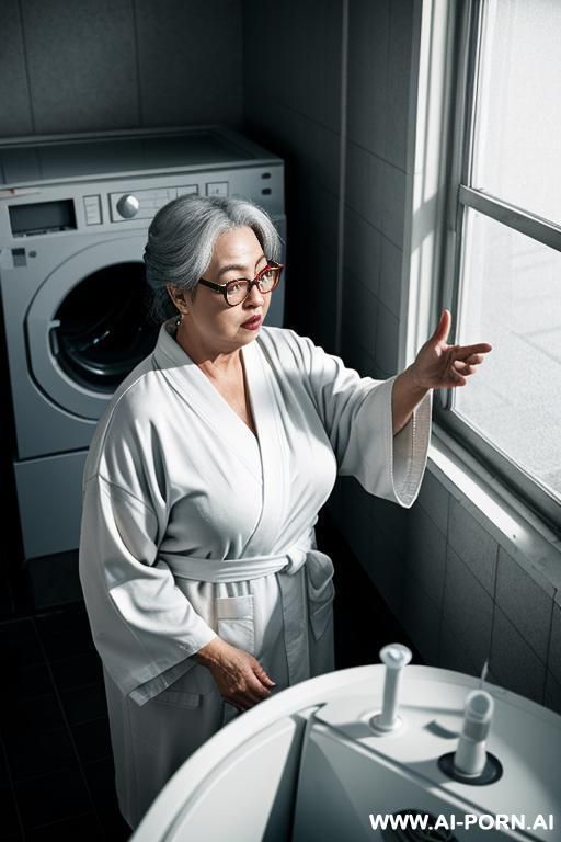 asian lady ugly, wrinkles, old. peace symbol with hand. kimono. - #main
