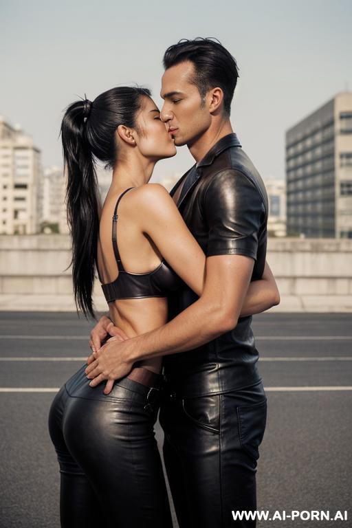the image shows a couple passionately kissing each other. the man is on the left side of the image, with his head tilted back and his eyes closed. he is wearing a blue t-shirt with a - #main