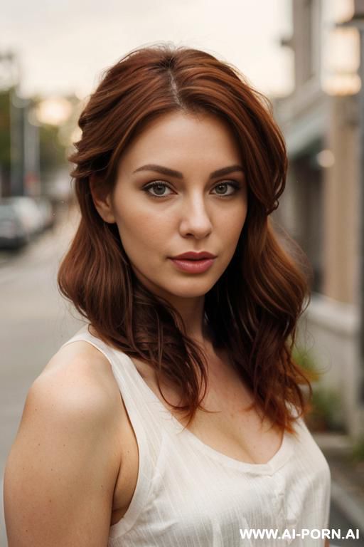 her hair color is a rich, deep red brown. some strands frame her face, while the rest is pulled back into a casual yet styled ponytail. - #main