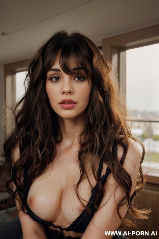 her hair is long and wavy, with voluminous curls that flow down her back . the style has a natural, textured appearance with loose waves, some strands frame her face, while the rest is pulled back into a casual yet styled ponytail. - #main
