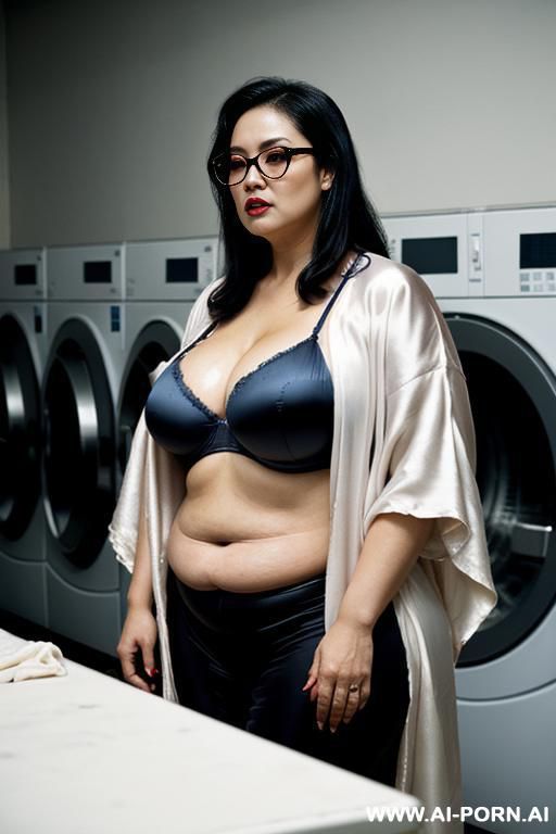 asian lady ugly, wrinkles, old.wearing silk kimono showing cleavage. black lipstick, big ass showing. oily body. *carrying dirty laundry. - #main