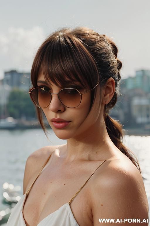 move her hair off the shoulders and tied up behind her head like a ponytail. keep the hair the same but longer thicker ponytail.. turn her body and head facing right. add sunglasses circular frames with darker lenses and gold frame - #main