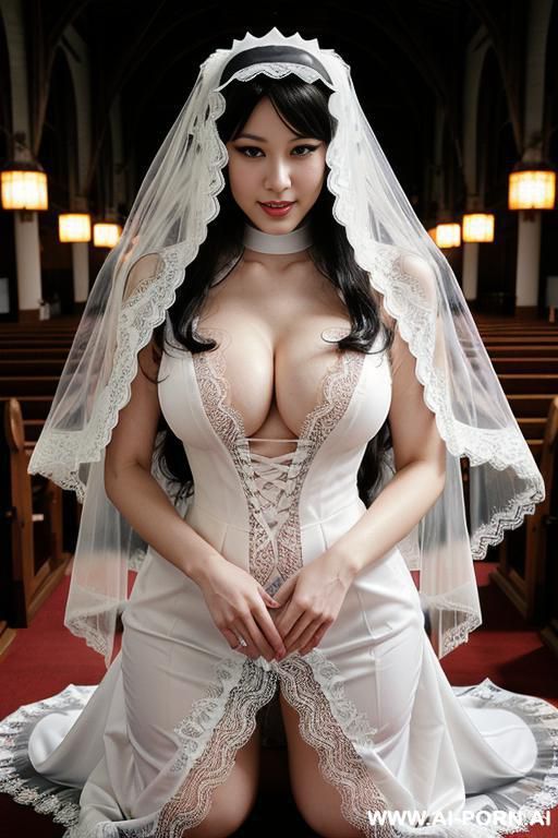 pet collar, monstrous, (((lace veil ))), white clothes, many nun praying in background, kneeling, praying - #main