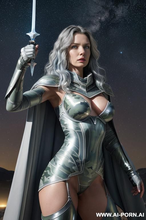 space aegis woman, sinewy athletic body, ((nude breasts)), (((white-gray skin))), (elegant sharp boobs), dominant woman, proud body pose, (elegant shape), front view, (eye contact), sharp face, brave - #main