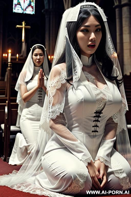 pet collar, monstrous, (((lace veil ))), white clothes, many nun praying in background, kneeling, praying - #main