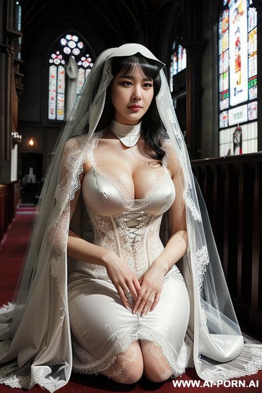 pet collar, monstrous, (((lace veil ))), clothes, many nun praying in background, kneeling, praying - #main