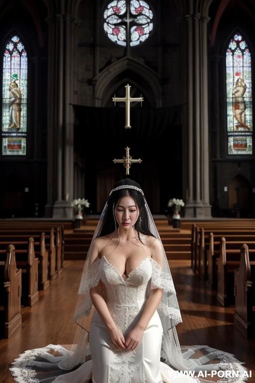 pet collar, monstrous, (((lace veil ))), black clothes, 3 nun praying in background, cum on clothes, kneeling, praying - #main