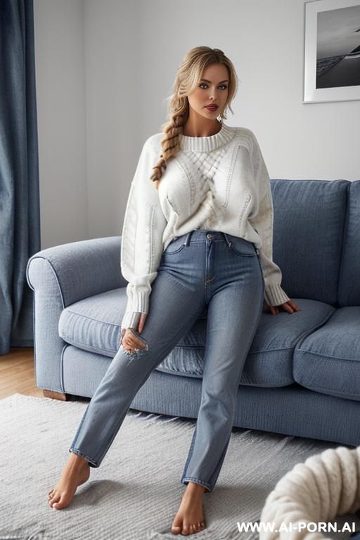 sexy swedish woman, perfect body, ((curl on a grey sofa)), (((wearing bluejeans and a white oversize wool sweater))), ((bare feet)), - #main