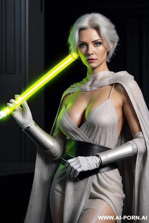 master jedi woman, full body view, finely detail, ultra detailed face, highly detailed skin, highly detailed hands, (naked breasts), looking at viewer, (eye contact), light gray eyes, short wawy - #main
